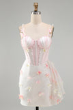 Bodycon Blush Corset Butterfly Pearl Applique Lace Up Back Homecoming Dress with Sash