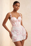 Bodycon Blush Corset Butterfly Pearl Applique Lace Up Back Homecoming Dress with Sash
