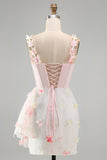 Bodycon Blush Corset Butterfly Pearl Applique Lace Up Back Homecoming Dress with Sash