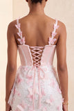 Bodycon Blush Corset Butterfly Pearl Applique Lace Up Back Homecoming Dress with Sash