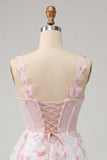 Bodycon Blush Corset Butterfly Pearl Applique Lace Up Back Homecoming Dress with Sash