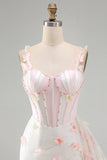 Bodycon Blush Corset Butterfly Pearl Applique Lace Up Back Homecoming Dress with Sash