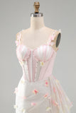 Bodycon Blush Corset Butterfly Pearl Applique Lace Up Back Homecoming Dress with Sash
