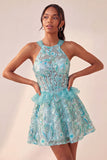 Lake Blue Corset Halter Neck Sequins A-Line Ruffle Lace Up Back Homecoming Dress