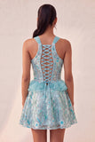 Lake Blue Corset Halter Neck Sequins A-Line Ruffle Lace Up Back Homecoming Dress