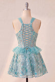 Lake Blue Corset Halter Neck Sequins A-Line Ruffle Lace Up Back Homecoming Dress