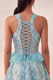 Lake Blue Corset Halter Neck Sequins A-Line Ruffle Lace Up Back Homecoming Dress