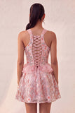 Lake Blue Corset Halter Neck Sequins A-Line Ruffle Lace Up Back Homecoming Dress