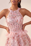 Lake Blue Corset Halter Neck Sequins A-Line Ruffle Lace Up Back Homecoming Dress