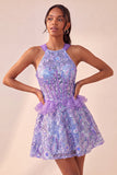 Lake Blue Corset Halter Neck Sequins A-Line Ruffle Lace Up Back Homecoming Dress