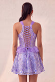 Lake Blue Corset Halter Neck Sequins A-Line Ruffle Lace Up Back Homecoming Dress