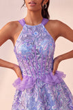 Lake Blue Corset Halter Neck Sequins A-Line Ruffle Lace Up Back Homecoming Dress