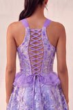 Lake Blue Corset Halter Neck Sequins A-Line Ruffle Lace Up Back Homecoming Dress