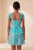 Pink A-Line Sequins Ruffle Lace Up Back Bowed Straps Homecoming Dress with Slit