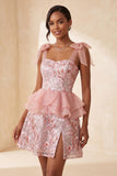 Pink A-Line Sequins Ruffle Lace Up Back Bowed Straps Homecoming Dress with Slit