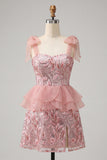 Pink A-Line Sequins Ruffle Lace Up Back Bowed Straps Homecoming Dress with Slit
