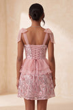 Pink A-Line Sequins Ruffle Lace Up Back Bowed Straps Homecoming Dress with Slit