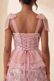 Pink A-Line Sequins Ruffle Lace Up Back Bowed Straps Homecoming Dress with Slit