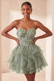 A-Line Sky Blue Sweetheart Sheer Corset Ruffled Lace Up Back Homecoming Dress