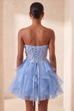 A-Line Sky Blue Sweetheart Sheer Corset Ruffled Lace Up Back Homecoming Dress