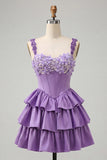 Light Purple A-Line Corset Tiered Lace Up Back Floral Homecoming Dress with Beading