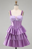 Light Purple A-Line Corset Tiered Lace Up Back Floral Homecoming Dress with Beading