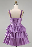 Light Purple A-Line Corset Tiered Lace Up Back Floral Homecoming Dress with Beading