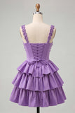 Light Purple A-Line Corset Tiered Lace Up Back Floral Homecoming Dress with Beading