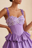 Light Purple A-Line Corset Tiered Lace Up Back Floral Homecoming Dress with Beading