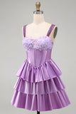 Light Purple A-Line Corset Tiered Lace Up Back Floral Homecoming Dress with Beading