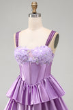 Light Purple A-Line Corset Tiered Lace Up Back Floral Homecoming Dress with Beading