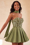 Olive A-Line Sweetheart Beaded Floral Homecoming Dress with Lace Up Back