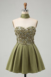 Olive A-Line Sweetheart Beaded Floral Homecoming Dress with Lace Up Back