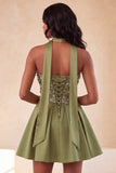 Olive A-Line Sweetheart Beaded Floral Homecoming Dress with Lace Up Back