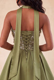 Olive A-Line Sweetheart Beaded Floral Homecoming Dress with Lace Up Back