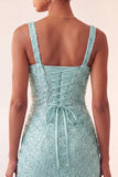 Sky Blue Bodycon Square Neck Sequins Ruched Lace Up Back Homecoming Dress with Slit