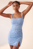 Sky Blue Bodycon Square Neck Sequins Ruched Lace Up Back Homecoming Dress with Slit