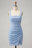 Sky Blue Bodycon Square Neck Sequins Ruched Lace Up Back Homecoming Dress with Slit