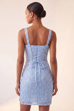 Sky Blue Bodycon Square Neck Sequins Ruched Lace Up Back Homecoming Dress with Slit