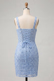 Sky Blue Bodycon Square Neck Sequins Ruched Lace Up Back Homecoming Dress with Slit