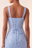 Sky Blue Bodycon Square Neck Sequins Ruched Lace Up Back Homecoming Dress with Slit