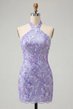 Bodycon Light Purple Halter Neck Sequins Lace Up Back Homecoming Dress