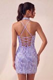Bodycon Light Purple Halter Neck Sequins Lace Up Back Homecoming Dress