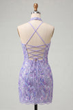Bodycon Light Purple Halter Neck Sequins Lace Up Back Homecoming Dress