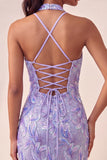 Bodycon Light Purple Halter Neck Sequins Lace Up Back Homecoming Dress