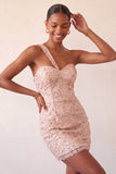 Champagne Bodycon One Shoulder Lace Up Back Homecoming Dress with Sequins