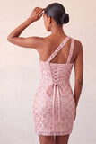 Champagne Bodycon One Shoulder Lace Up Back Homecoming Dress with Sequins