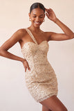 Champagne Bodycon One Shoulder Lace Up Back Homecoming Dress with Sequins