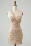 Champagne Bodycon One Shoulder Lace Up Back Homecoming Dress with Sequins