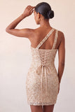 Champagne Bodycon One Shoulder Lace Up Back Homecoming Dress with Sequins